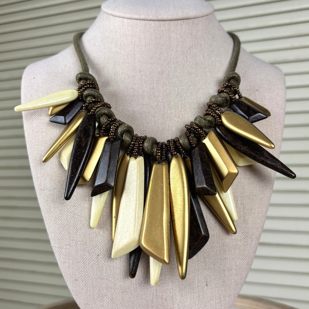 Anthropologie Gold Ivory Black Fringe Bib Necklace Statement Tribal Spike Boho